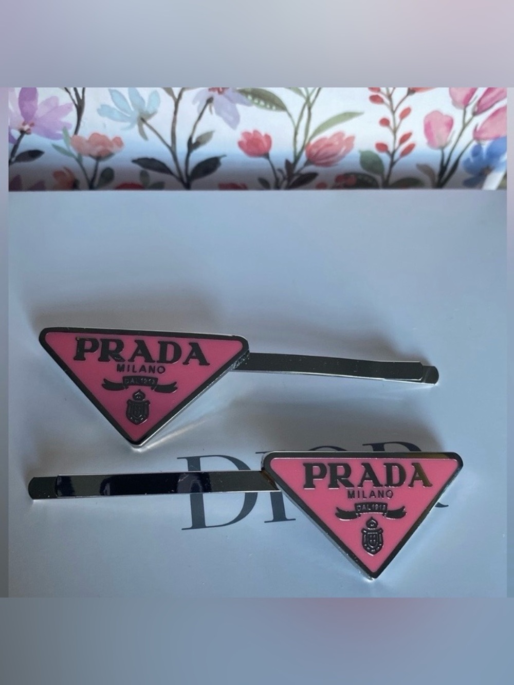 Prada Pink and Silver Triangle
Hair Clips